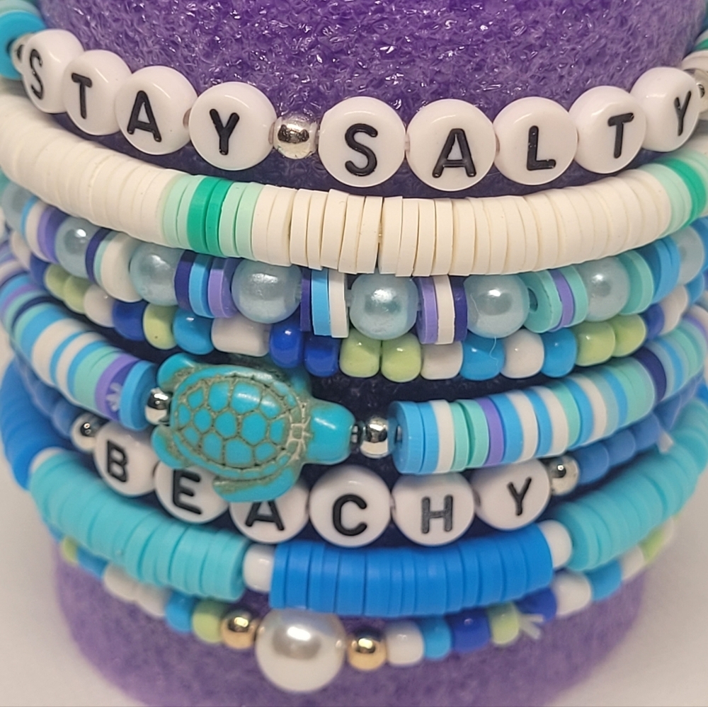 8 Beachy Beaded Bracelets Set Stackable Boho Friendship Charm Stacked Heishi NEW
